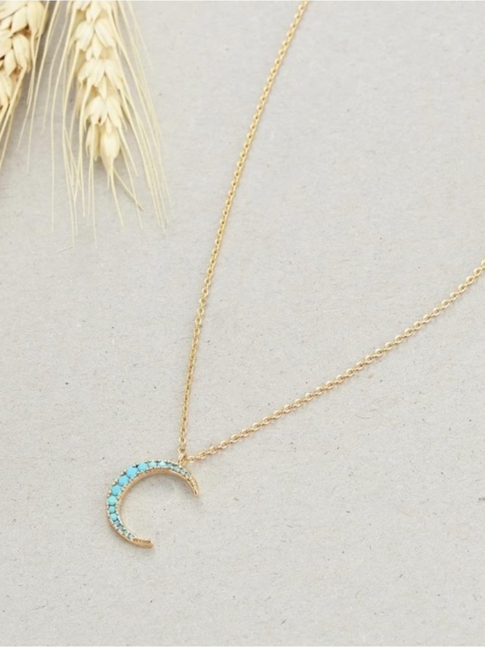 14k Gold Plated Cubic Zirconia Crescent Necklace Turquoise Accents